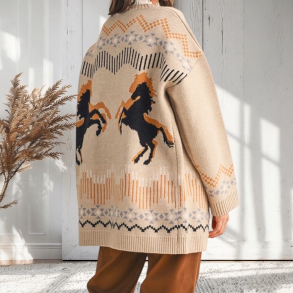 Beige Taupe Western Horse Knit Relaxed Oversized Fit Cardigan Sweater Fall - Picture 1 of 3